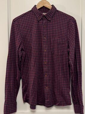 Faherty Coastline Knit Burgundy and Navy Check Long-Sleeve Button-Down Shirt M